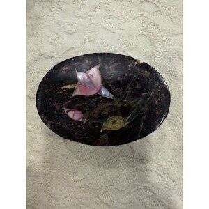 Handcrafted Dark Stone Jewelry Trinket Box With Inlaid Floral Design Mini